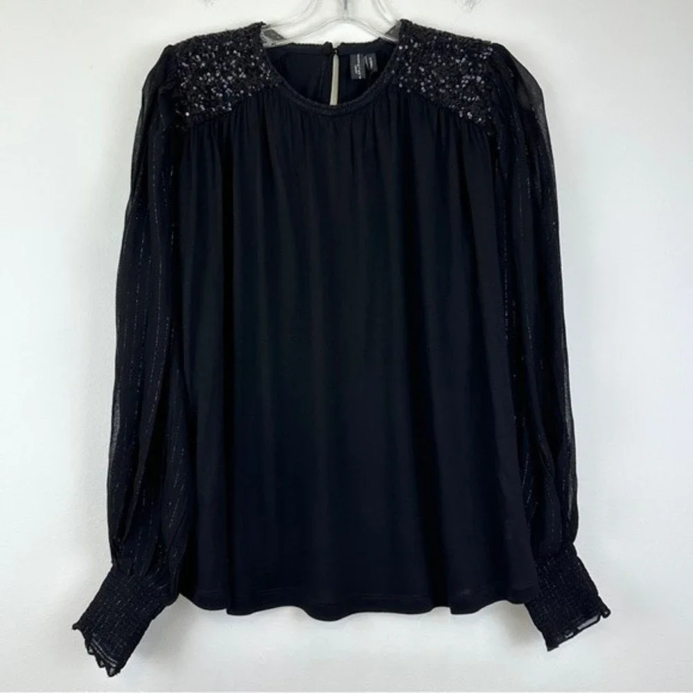 Anthropologie Bl-nk Sequin Embellished Blouse Size XS Black Bohemian NWT - Picture 5 of 14